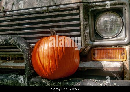 Primo piano della griglia anteriore di un camion abbandonato con una zucca sul paraurti. Foto Stock