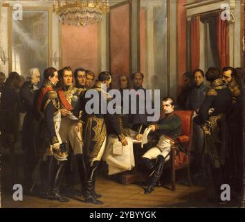 Napoleone firma la sua abdicazione a Fontainebleau, 11 aprile 1814, da parte di Francesco Bouchot e Gaetano Ferri (1843) Napoleone Bonaparte (1769 - 1821), Napoleone i, ufficiale militare francese Foto Stock