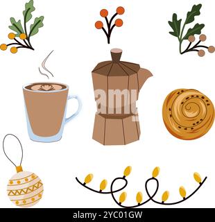Serie di simpatiche illustrazioni con elementi intimi in autunno e inverno: Caffè, decorazioni sugli alberi, ghirlanda, agrifoglio. Vettore isolato su sfondo bianco Illustrazione Vettoriale