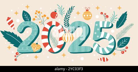 Colorato striscione natalizio disegnato a mano con numeri 2025 e decorazioni invernali. Illustrazione vettoriale Illustrazione Vettoriale