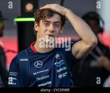 Austin, Stati Uniti. 20 ottobre 2024. Il pilota della Williams Racing Franco Caolapinto (43) arriva per il Gran Premio di Formula 1 Pirelli United States dalla torre di Austin, Texas, il 20 ottobre 2024. (Foto di: Stephanie Tacy/Sipa USA) credito: SIPA USA/Alamy Live News Foto Stock