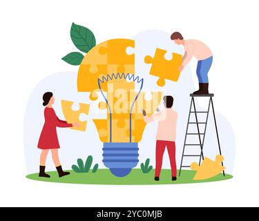 Lavoro di squadra per creare progetti, partnership per idee per risolvere problemi aziendali, creatività. Le persone più piccole costruiscono un puzzle a lampadina in squadra, contribuiscono alla creazione di una soluzione di illustrazione vettoriale dei cartoni animati Illustrazione Vettoriale