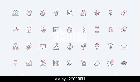 Azienda, set di icone della linea di strategia di avvio. Assicurazione degli investimenti, grafico dei rapporti di visione e analisi, mentalità dei dipendenti per guadagnare denaro simboli sottili di contorno neri e rossi illustrazione vettoriale Illustrazione Vettoriale