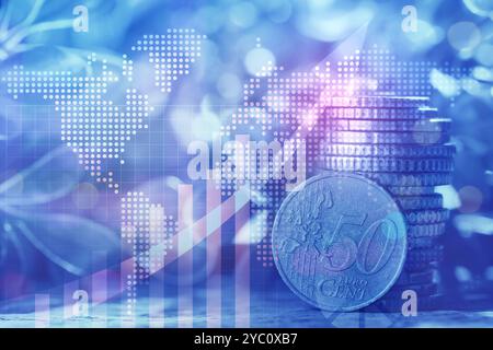 Scambio di valuta. Monete e grafici in euro impilati, tonalità blu Foto Stock