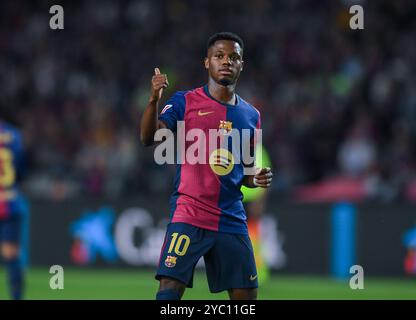 Barcellona, ESP. 20 ottobre 2024. FC BARCELONA VS SEVILLA FC. 20 ottobre 2024 Ansu Fati (10) del FC Barcelona durante la partita tra FC Barcelona e Sevilla FC corrispondente al decimo giorno di la Liga EA Sports allo Stadio Olimpico Lluis Companys di Montjuic a Barcellona, Spagna. Crediti: Rosdemora/Alamy Live News Foto Stock