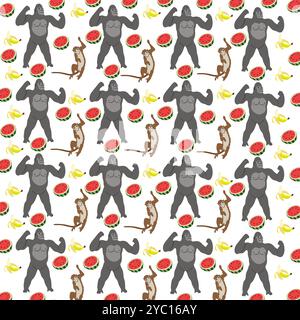 gorilla, scimmia con frutta come sfondo Illustrazione Vettoriale