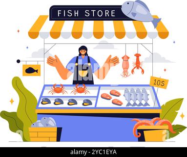 Illustrazione vettoriale del negozio di pesce che presenta una varietà di prodotti ittici marini freschi e igienici in uno sfondo di cartone animato piatto Illustrazione Vettoriale