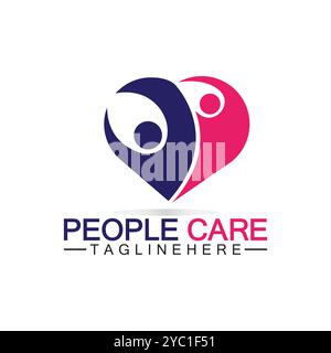Logo People Care con design simbolo cuore e persona. Logo Love and Care for Charity and Support People Illustrazione Vettoriale