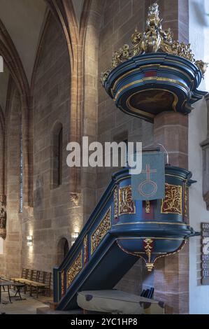 Pulpito della Chiesa di San Nicola e Sant'Ulrico, Kirchenberg 15, Norimberga-Moegeldorf, Franconia media, Baviera, Germania, Europa Foto Stock