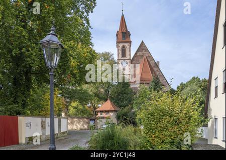 Vista dalla Ziegenstr, dalla chiesa di San Nicola e di Sant'Ulrico, da Kirchenberg 15, da Norimberga-Moegeldorf, dalla Franconia media, dalla Baviera, Germania, Europa Foto Stock