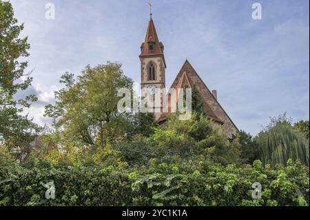 Vista dalla Ziegenstr, dalla chiesa di San Nicola e di Sant'Ulrico, da Kirchenberg 15, da Norimberga-Moegeldorf, dalla Franconia media, dalla Baviera, Germania, Europa Foto Stock