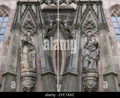 Sculture a sinistra e a destra del portale d'ingresso principale della chiesa di San Nicola e Sant'Ulrico, Kirchenberg 15, Norimberga-Moegeldorf, Francon centrale Foto Stock