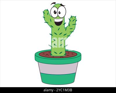 Cactus pianta bambini bambini personaggio cartoni animati colorato pianta d'arte pianta vaso iconico design Illustrazione Vettoriale