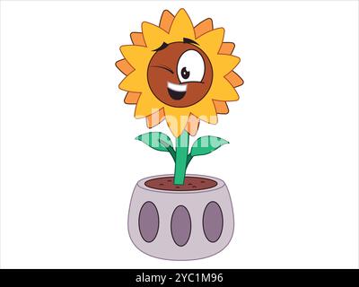 Piante di girasole bambini bambini colorato personaggio dei cartoni animati piante in vaso set di icone dal design emozionale espressivo Illustrazione Vettoriale
