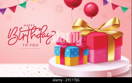 Confezione regalo di compleanno con design vettoriale. Regalo di buon compleanno sul podio con testo di saluto ed elementi da festa per la festa del giorno della nascita in rosa Illustrazione Vettoriale