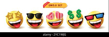 Set di vettori per i caratteri emoticon delle emoji. Emoji 3d espressione del viso con volto felice, occhio stellare, innamorati, ricca e divertente collezione di personaggi emoticon. Illustrazione Vettoriale