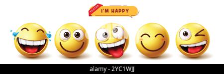 Set di vettori emoji Happy Characters. Emoticon personaggio in divertente, ridendo, sorridente, lingua, affascinante, ed espressione facciale strisciante in 3d. Illustrazione Vettoriale