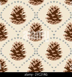 Motivo senza cuciture disegnato a mano con rami di abete di conifere di pino ramoscelli e coni su sfondo beige, stampa di Natale e inverno per l'anno nuovo per carta da imballaggio tessile, colori naturali verdi stelle grigie sempreverdi Foto Stock