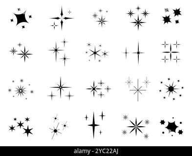 Sagome scintille. Particelle di stelle scintillanti. Diverse forme nere. Brillanti elementi burst. Oggetti da festa glitter. La magia brilla. Luce parassita lampeggiante. Bagliore Illustrazione Vettoriale