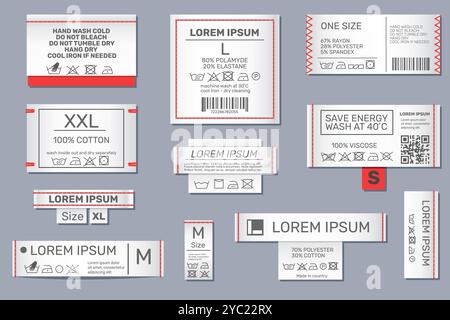 Informazioni sul bucato etichette tessili. Etichette con le istruzioni per la cura dei vestiti. Cucite le patch con cuciture e testo. Lavaggio manuale. Logo del marchio. Taglia dell'abbigliamento. Canva Illustrazione Vettoriale