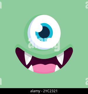 Carino cartone animato con uno sfondo da mostro dagli occhi. Divertente faccia da mostro sorridente in stile infantile su sfondo verde. Illustrazione vettoriale Illustrazione Vettoriale