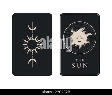 Carta Tarocchi con retro. Il simbolo del Sole maggiore Arcana. Il simbolismo dei Tarocchi. Mistero, astrologia, esoterico. Illustrazione vettoriale Illustrazione Vettoriale