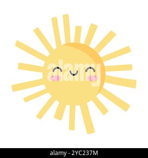 Carino e sorridente sole dei cartoni animati. Sole in stile infantile isolato su sfondo bianco. Illustrazione vettoriale Illustrazione Vettoriale