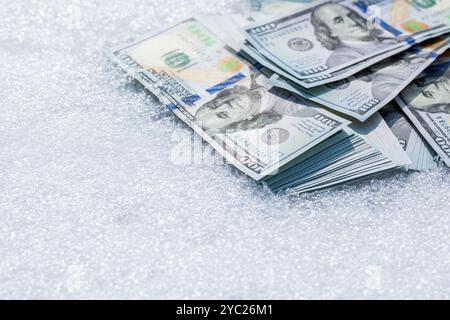 banconote in dollari americani posate sulla neve Foto Stock