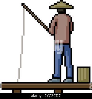 pixel art dell'uomo che pesca lo sfondo isolato Illustrazione Vettoriale