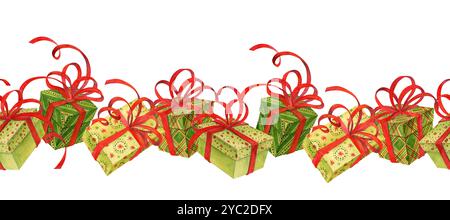 Bordo senza cuciture di scatole regalo volanti e cadenti in carta colorata con nastri e archi rossi. Cornice festiva di regali per stampe o disegni Foto Stock