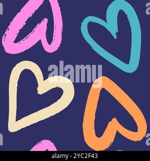 Graffiti cuori al neon. Motivo urbano senza cuciture in stile Street art. Stampa astratta. Design unisex underground grafico per t-shirt e felpa dai colori rosa neon. Retroonda hipster con lo stile anni '90. Illustrazione Vettoriale