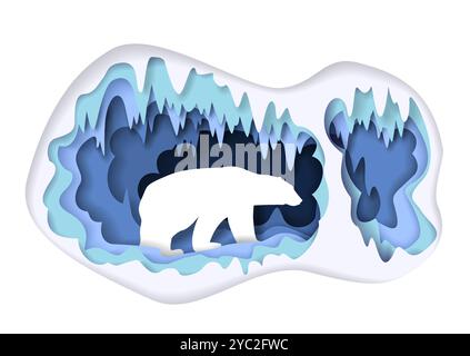 Illustrazione vettoriale tagliata con carta all'interno dell'orso bianco all'interno della grotta di ghiaccio Illustrazione Vettoriale
