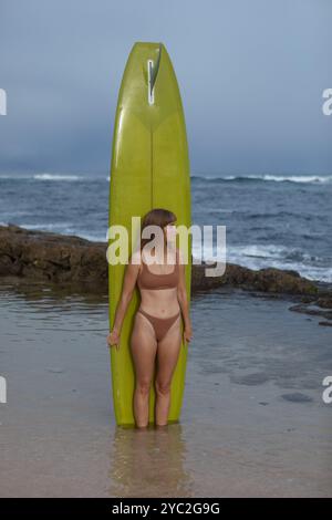 surfista in piedi con tavola da surf in piscina Foto Stock