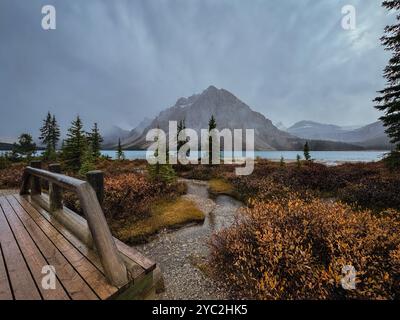 Vista della montagna con ponte, fiume e alberi di fronte nelle giornate nuvolose. Foto Stock