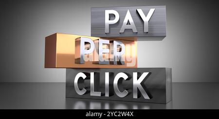 Pay per click - parole sui blocchi metallici - illustrazione 3D. Foto Stock