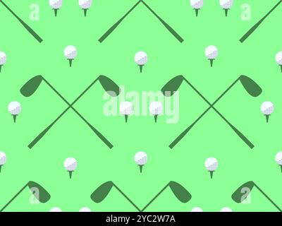 Modello senza cuciture con mazze da golf e palle su un campo verde. Golf club e campo da golf in stile minimalista. Design di tipografia, striscioni e poster, a Illustrazione Vettoriale