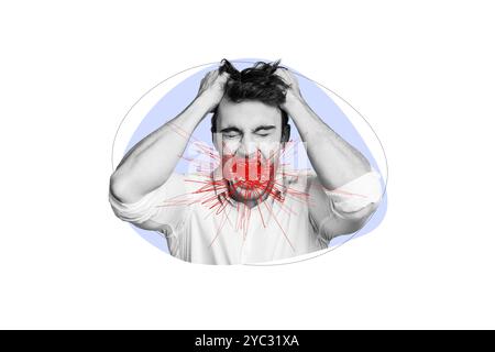 Collage fotografico composito di ansia uomo panico lacrime capelli problema di salute mentale depresso umore stress apatia crisi isolato su sfondo dipinto Foto Stock