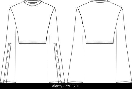 girocollo con bottoni, manica lunga in kimono a campana, taglio corto, maglia a maglia Illustrazione Vettoriale