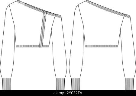 pullover superiore a blusa a coste con collo asimmetrico, orlo a coste, manica a palloncino lunga con zip e taglio a coccodrillo Illustrazione Vettoriale