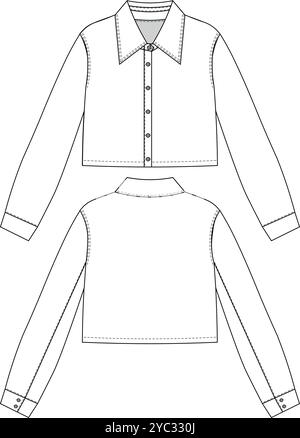 polsino con bottoni con colletto manica lunga, elastico, elastico, ritaglio corto, blusa modello superiore tecnico Illustrazione Vettoriale