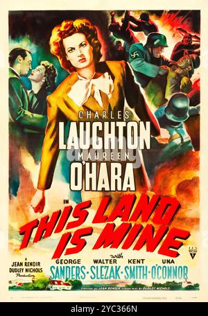 Poster di distribuzione teatrale per il film del 1943 This Land Is Mine - Charles Laughton, Maureen o'hara - Un film della seconda guerra mondiale Foto Stock