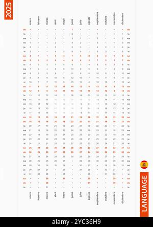 Spagnolo calendario verticale di una fila 2025, domenica primo giorno della settimana. Calendario vettoriale in lingua spagnola. Illustrazione Vettoriale