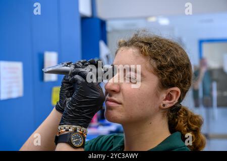 Dispositivo ottico per il controllo dei solidi totali e delle proteine nel plasma dal sangue estratto dalla gamba di un avvoltoio griffon eurasiatico ricoverato (Gyps Foto Stock