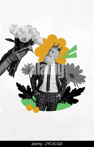 Grafica di tendenza composita schizzo collage di immagini di un enorme bouquet di fiori tenuto a mano regalo uomo anziano bella corona reale di tipo stare all'aperto Foto Stock