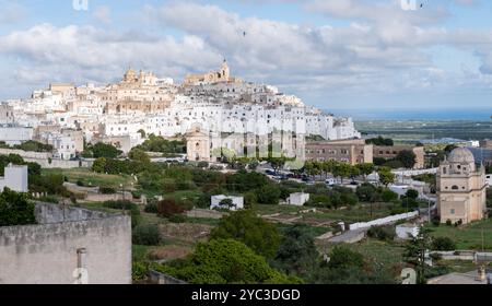 Ostuni, adagiata sulla cima di una collina, la pittoresca cittadina pugliese è famosa per i suoi edifici imbiancati, l'architettura antica e la vibrante vegetazione, che creano una meraviglia panoramica sotto un cielo parzialmente nuvoloso. Foto Stock