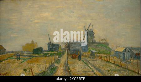 Un dipinto di Vincent van Gogh intitolato Giardini vegetali a Montmartre. I giardini di verdure e il Moulin de Blute-fin, Montmartre Foto Stock