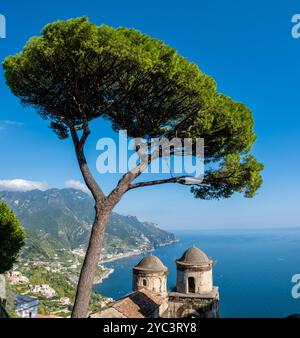 Una magnifica vista si dispiega da una collina sulla Costiera Amalfitana, mostrando un albero torreggiante accanto a torri storiche, con il mare azzurro e le aspre montagne sullo sfondo sotto un cielo azzurro. Foto Stock