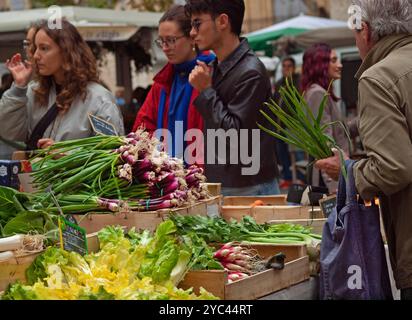 Il mercato del cibo fresco di Uzes, nel sud della Francia Foto Stock