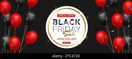 Banner, poster o volantini creativi in vendita per il Black Friday con palloncini neri e rossi all'elio su sfondo nero. Modello di design moderno e alla moda. Illustrazione Vettoriale