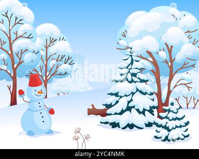 Foresta innevata invernale. Divertente pupazzo di neve sulla natura ghiacciata, stagione fredda, alberi di cartoni animati con neve sui rami, sfondo natalizio, cartone animato Illustrazione Vettoriale